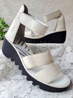 Fly London Bono Off White Leather Mid Wedge Sandals 39/US 8.5 BONO290FLY